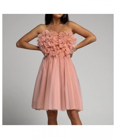 Women's Mini Princess Dress Off Shoulder Bow Waist Ruffled Fluffy Mesh A-line Party Short Dresses A1-pink $12.00 Activewear