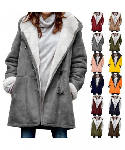 Womens Horn Button Coat with Hood Sherpa Lined Fleece Jacket Long Fuzzy Soft Cardigans Warm Pullover Sherpa Hoodies 01 Gray -...