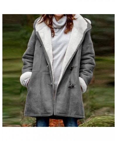 Womens Horn Button Coat with Hood Sherpa Lined Fleece Jacket Long Fuzzy Soft Cardigans Warm Pullover Sherpa Hoodies 01 Gray -...