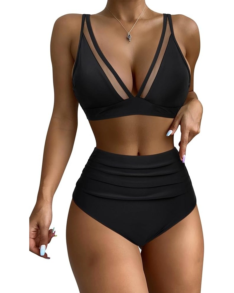 Women Mesh V Neck Two Piece Swimsuit High Waisted Bikini Set Ruched Tummy Control Bathing Suits 026 Black $17.27 Swimsuits