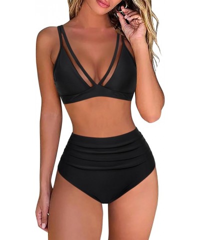 Women Mesh V Neck Two Piece Swimsuit High Waisted Bikini Set Ruched Tummy Control Bathing Suits 026 Black $17.27 Swimsuits