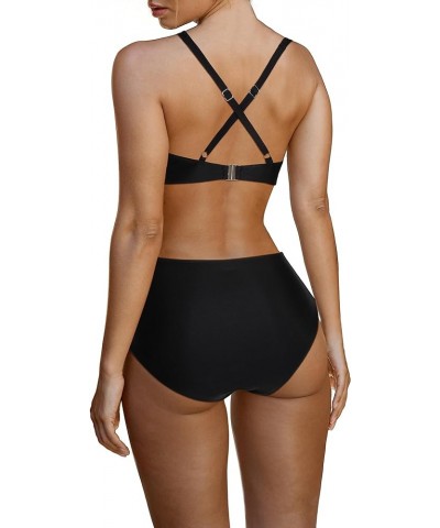 Women Mesh V Neck Two Piece Swimsuit High Waisted Bikini Set Ruched Tummy Control Bathing Suits 026 Black $17.27 Swimsuits