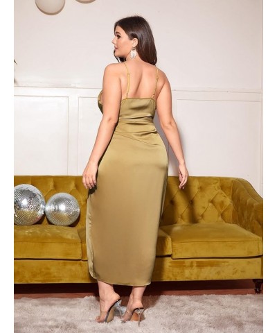 Women's Plus Size Satin Silk Cowl Neck Ruched Wrap Long Cami Dress Army Green $16.80 Dresses