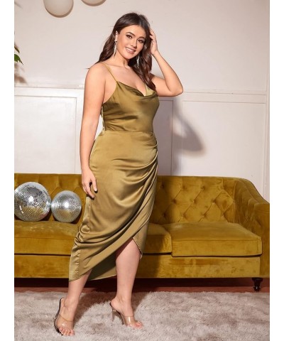 Women's Plus Size Satin Silk Cowl Neck Ruched Wrap Long Cami Dress Army Green $16.80 Dresses