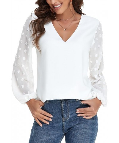 Swiss Dot Tops for Women Lantern Sleeve V Neck Chiffon Blouses Casual Work Shirts White With Front Lining $15.36 Blouses