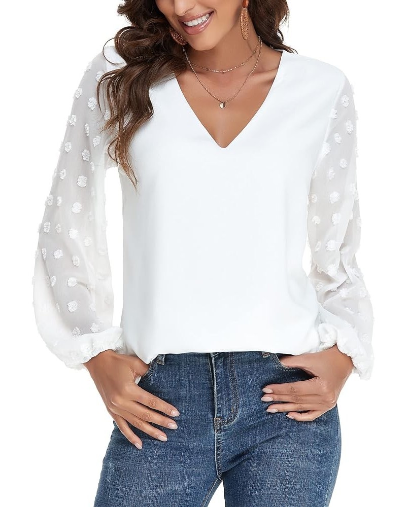 Swiss Dot Tops for Women Lantern Sleeve V Neck Chiffon Blouses Casual Work Shirts White With Front Lining $15.36 Blouses