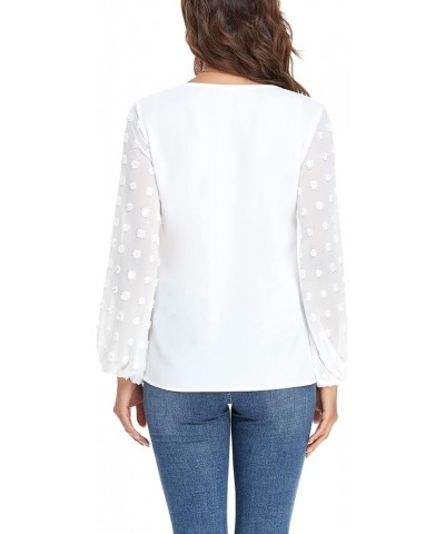 Swiss Dot Tops for Women Lantern Sleeve V Neck Chiffon Blouses Casual Work Shirts White With Front Lining $15.36 Blouses