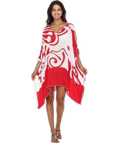 Womens Short Beach Swimsuit Cover Up Loose Caftan Poncho Beach Tunic Dress White/Red $22.24 Swimsuits