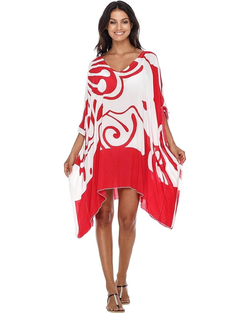 Womens Short Beach Swimsuit Cover Up Loose Caftan Poncho Beach Tunic Dress White/Red $22.24 Swimsuits