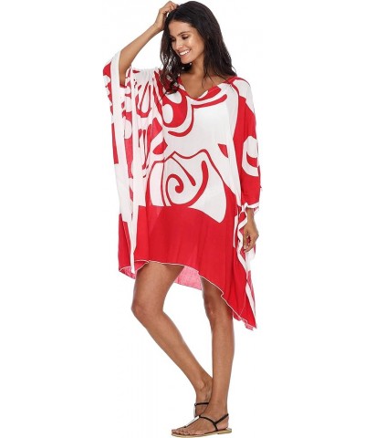 Womens Short Beach Swimsuit Cover Up Loose Caftan Poncho Beach Tunic Dress White/Red $22.24 Swimsuits