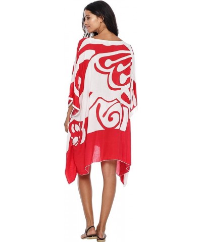 Womens Short Beach Swimsuit Cover Up Loose Caftan Poncho Beach Tunic Dress White/Red $22.24 Swimsuits