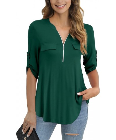 Women's Plus Size Tops 3/4 Roll Sleeve Shirts V Neck Blouses Tunic Top Z Dark Green $14.49 Tops