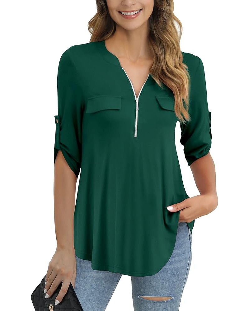 Women's Plus Size Tops 3/4 Roll Sleeve Shirts V Neck Blouses Tunic Top Z Dark Green $14.49 Tops