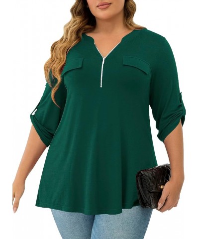 Women's Plus Size Tops 3/4 Roll Sleeve Shirts V Neck Blouses Tunic Top Z Dark Green $14.49 Tops