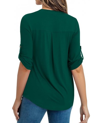 Women's Plus Size Tops 3/4 Roll Sleeve Shirts V Neck Blouses Tunic Top Z Dark Green $14.49 Tops