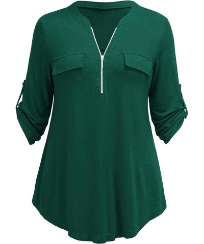 Women's Plus Size Tops 3/4 Roll Sleeve Shirts V Neck Blouses Tunic Top Z Dark Green $14.49 Tops