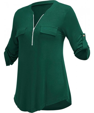 Women's Plus Size Tops 3/4 Roll Sleeve Shirts V Neck Blouses Tunic Top Z Dark Green $14.49 Tops