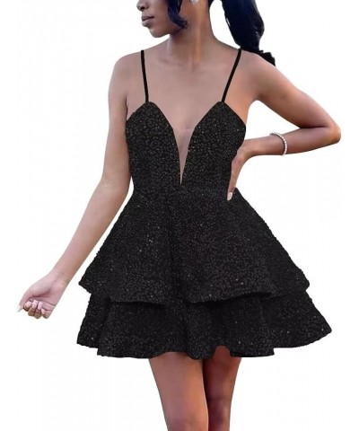 Sequins Short Prom Dress Spaghetti Straps Homecoming Dress Sparkly V Neck Cocktail Mini Gowns for Teens with Pockets Black $2...