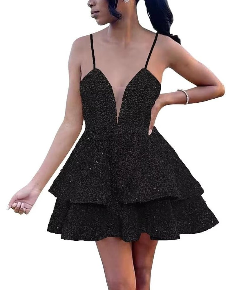 Sequins Short Prom Dress Spaghetti Straps Homecoming Dress Sparkly V Neck Cocktail Mini Gowns for Teens with Pockets Black $2...