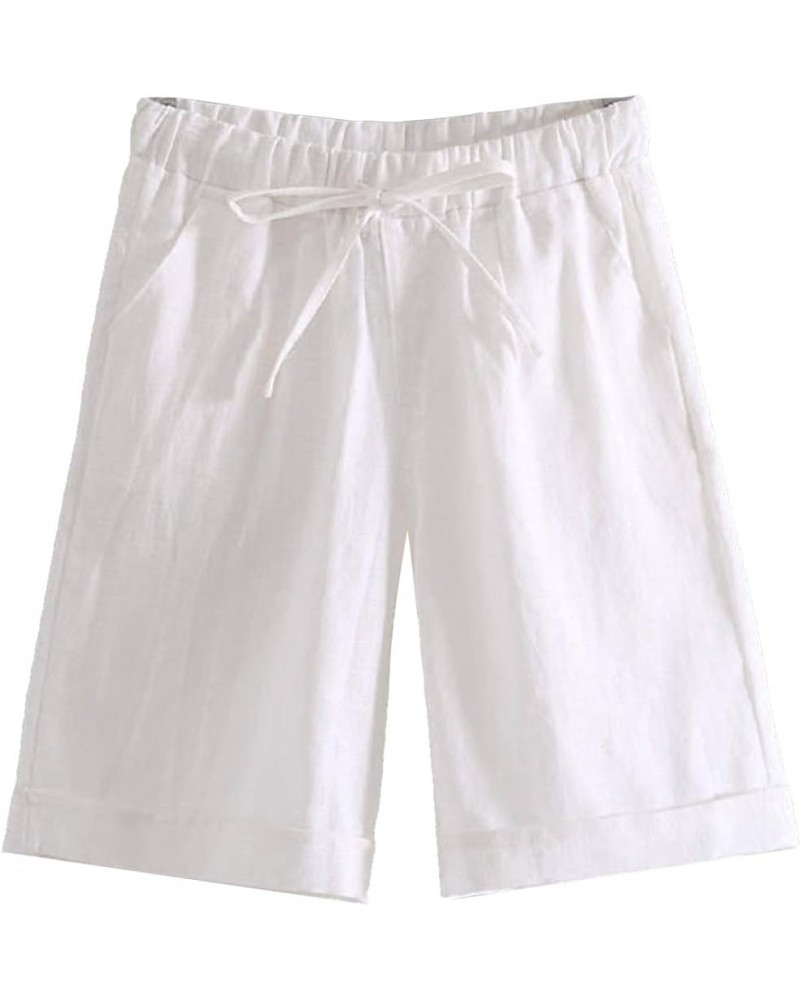 Women's Summer Casual Elastic Drawstring Rolled Hem Bermuda Shorts with Belt White $16.49 Shorts